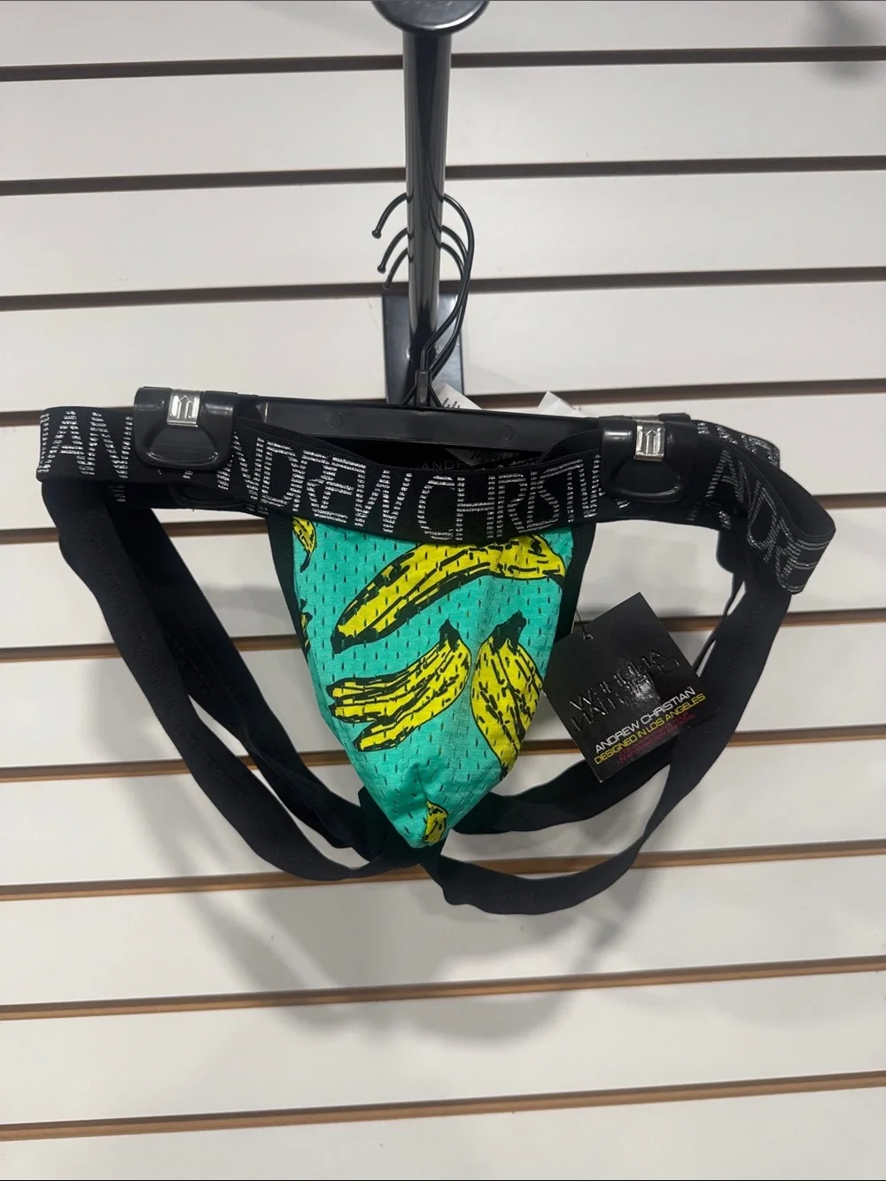 Andrew Christian Teal Jockstrap with Yellow Banana Print